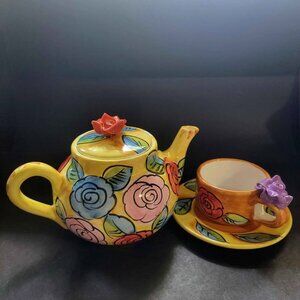 Vintage Whimsical, Hand-Painted In Italy Ceramic Teapot And Matching Cup Set